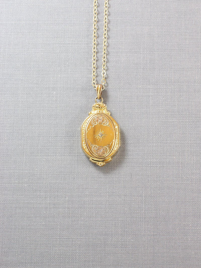 Antique Gold Locket Necklace, Diamond 