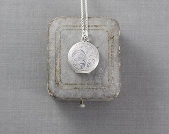 Sterling Silver Locket Necklace, Vintage Small Round Polished and Textured Photo Pendant - Swirl Whimsy