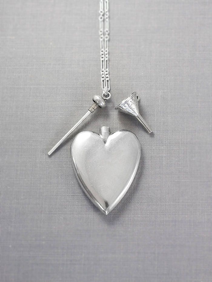 Large Sterling Silver Heart Perfume Bottle Necklace Vintage Claine Pendant With Funnel Aromatic - Silver Heart Perfume Bottle Pendant Large Sterling Silver Heart Perfume Bottle Necklace Vintage Claine Pendant With Funnel Aromatic - Silver Heart Perfume Bottle Pendant