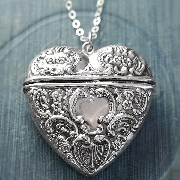 Extra Large Heart Sterling Silver Locket Necklace, Filigree Embossed Love Letter Carrier Design - Chatelaine