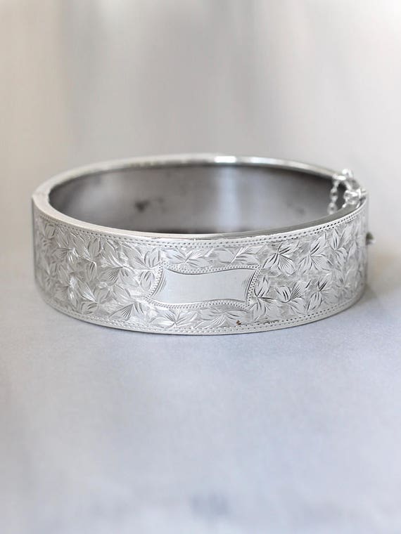 Antique Sterling Silver Bangle, Ivy Leaf Engraved 