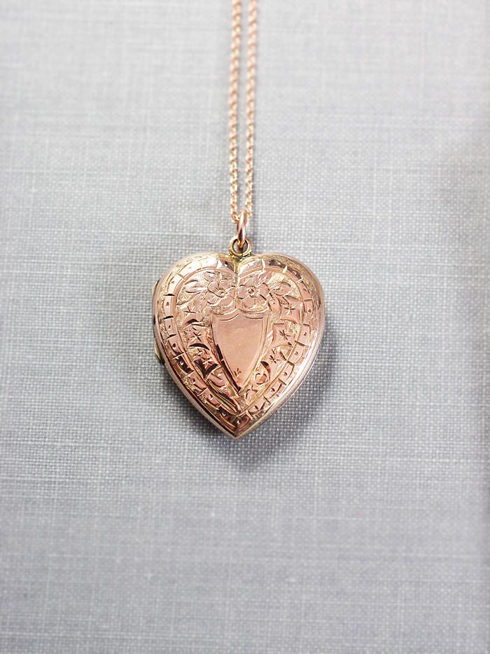 Antique Rose Gold Heart Locket Necklace, 9ct Pink Gold Photo Pendant ...