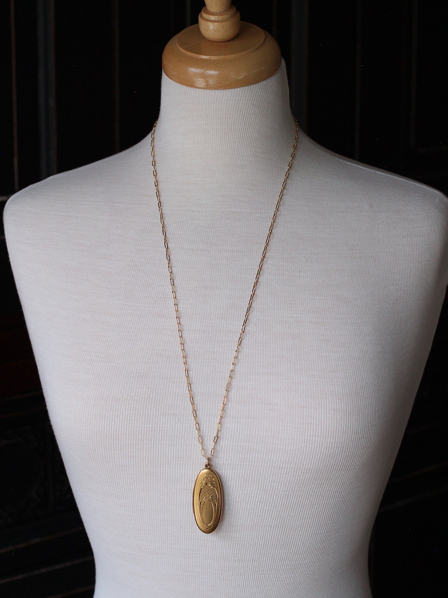 Antique Gold Locket Necklace, Large Oblong Oval Gold Filled Vintage