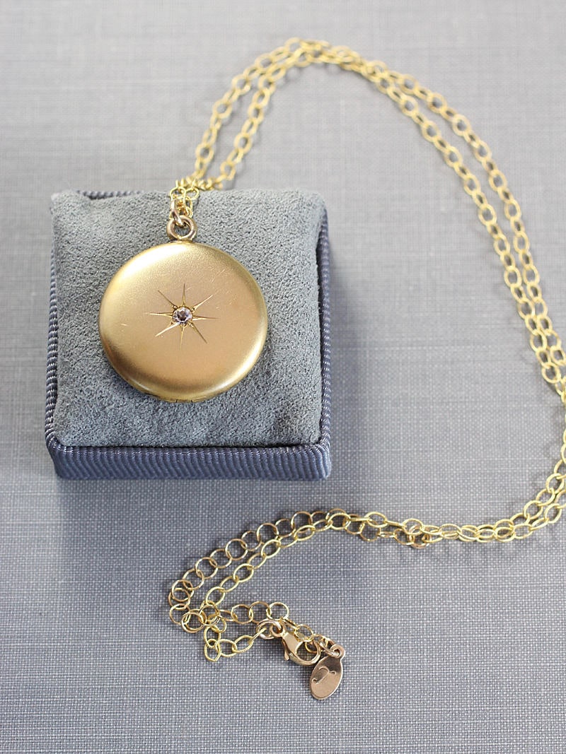 Antique Gold Locket Necklace, Small Round Vintage Photo Pendant Sparkle
