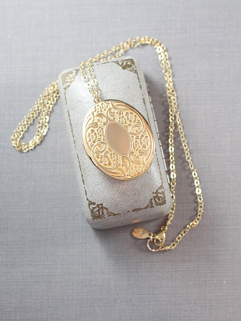 Gold Filled Oval Locket Necklace, Large Embossed Vintage Picture Locket