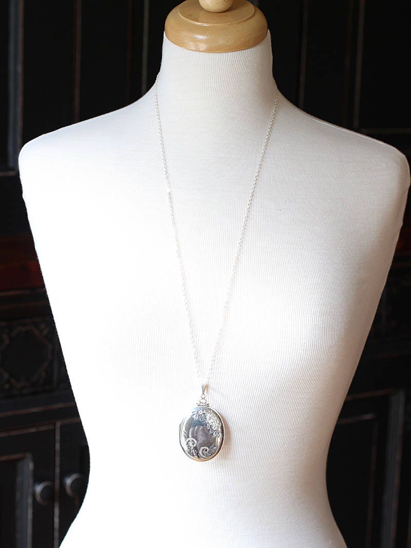 Extra Large Sterling Silver Oval Locket Necklace, Floral Photo Pendant