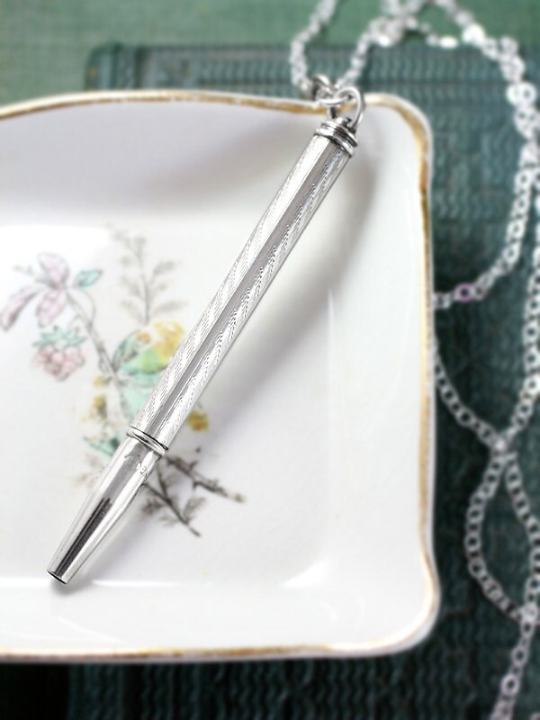 Vintage Sterling Silver Chatelaine Pencil Necklace, Simple Texture