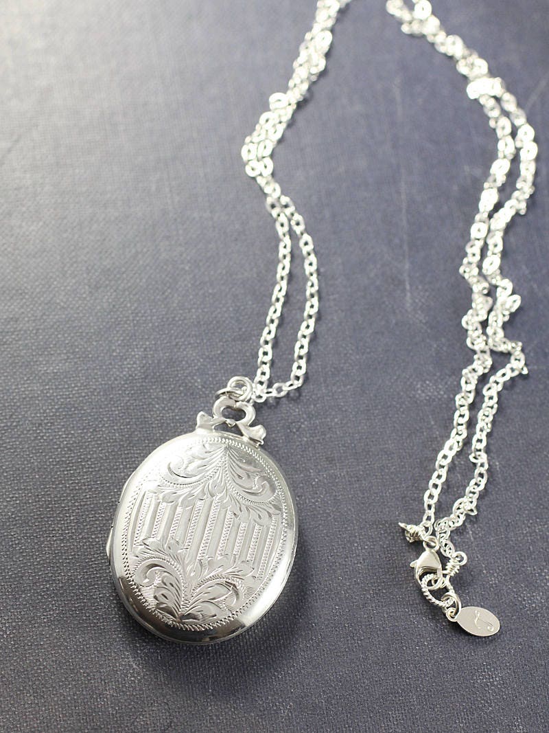 Rare Sterling Silver Locket Necklace, Uniquely Engraved Design - Isabella