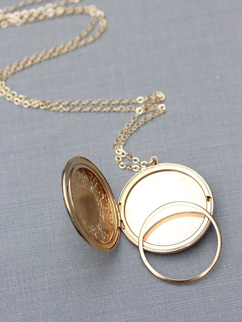 Gold Filled Locket Necklace, Large Round Embossed Photo Pendant with
