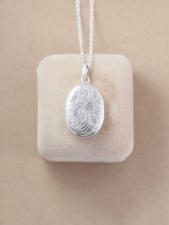 Vintage Sterling Silver Locket Necklace, Happy Flower & Sun Ray Engraved Oval Photo Pendant - Sunshine of My Life