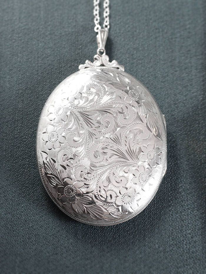 Extra Large Sterling Silver Locket Necklace, Intricately Engraved with