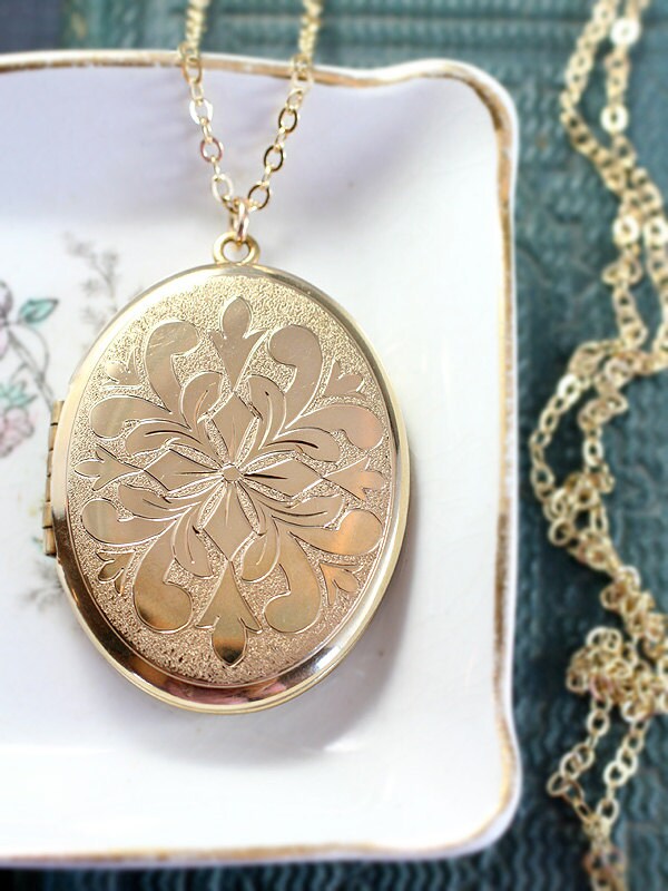 Large Gold Filled Oval Locket Necklace, Matte and Polished Engraved
