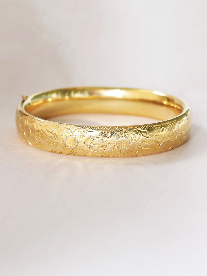 Vintage Gold Filled Bangle Bracelet, Four Petal Flower Engraved Cuff ...