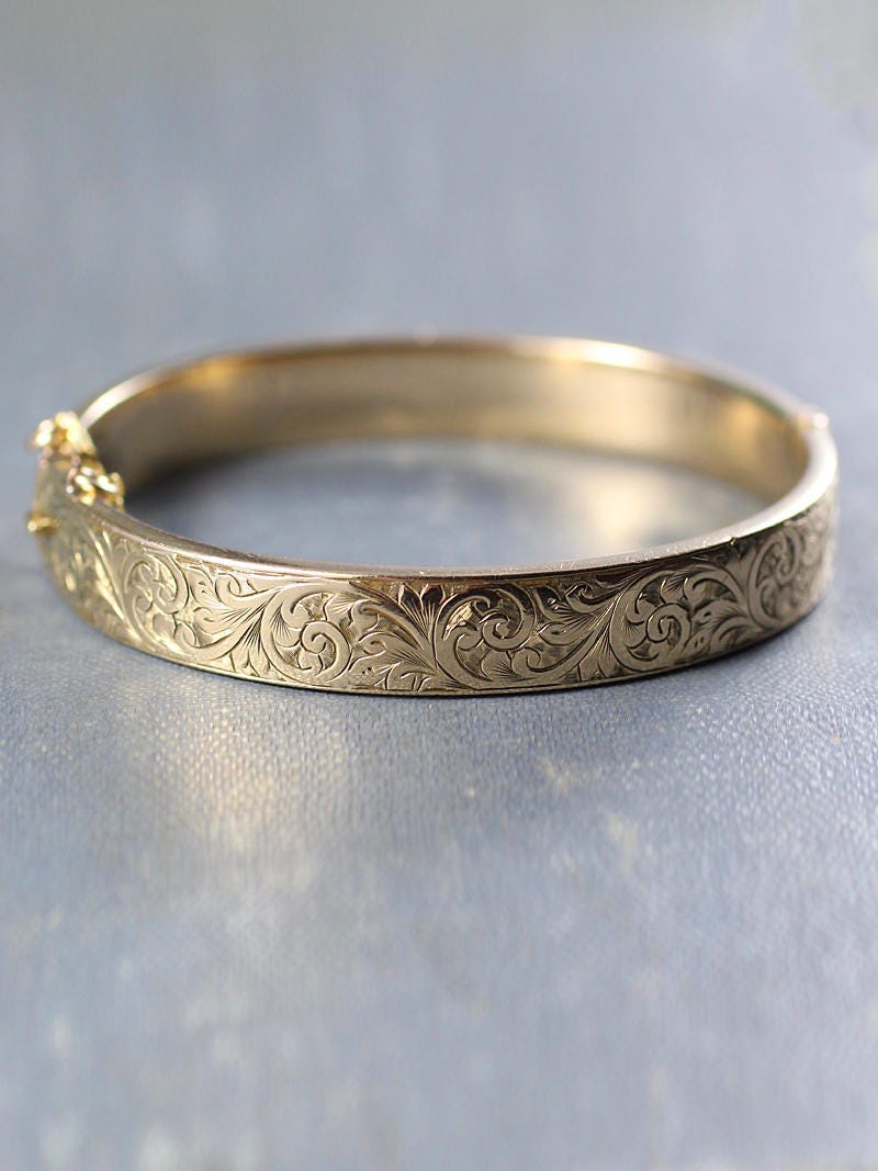 Vintage 9ct Gold Metal Core Bangle, Swirl Engraved 1940's 1950's