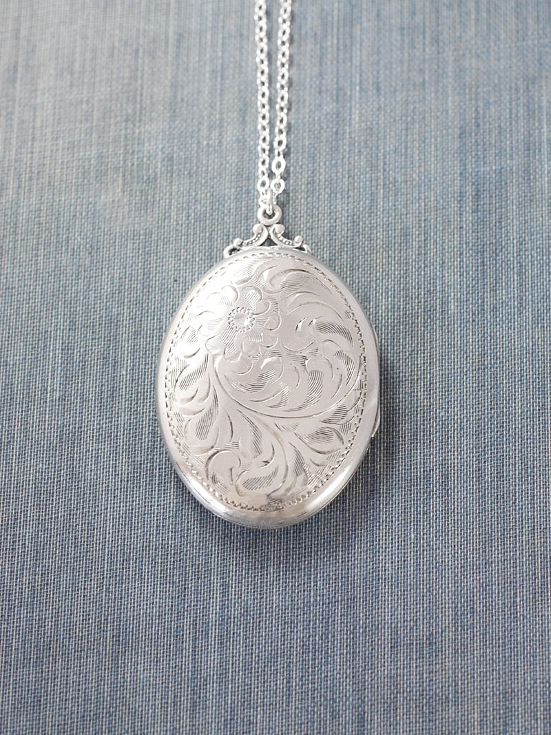 Sterling Silver Locket Necklace, Vintage Extra Large Oval Pendant