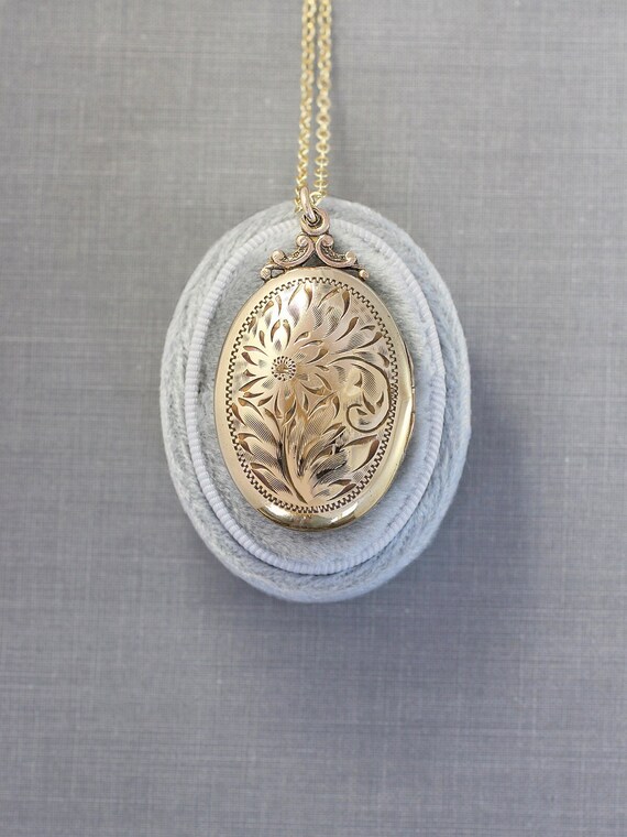 Large Oval Gold Filled Locket Necklace, Feminine Romantic Vintage Picture Pendant - Enduring Love