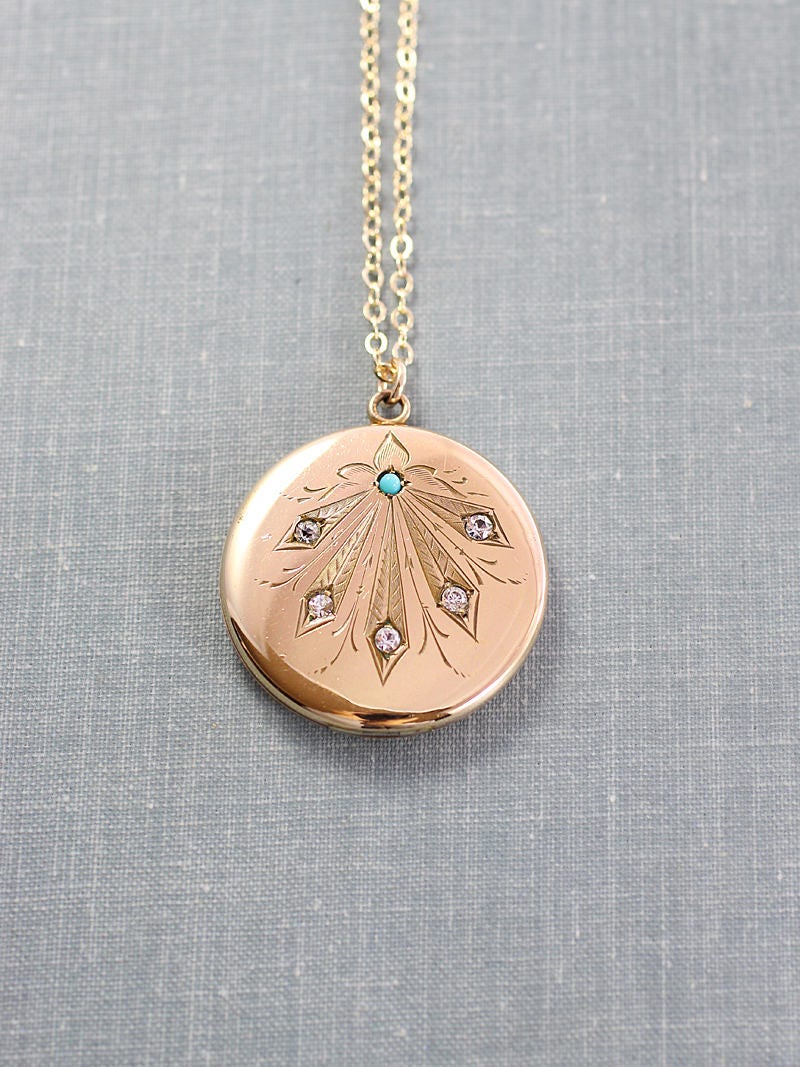 Antique Gold Filled Locket Necklace, Round Turquoise and Rhinestone