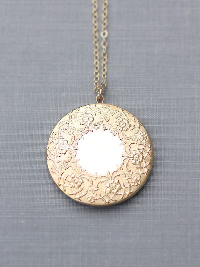 Gold Filled Locket Necklace, Large Round Embossed Photo Pendant with