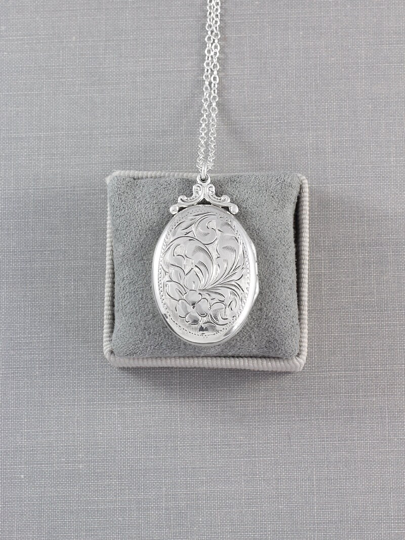 Sterling Silver Locket Necklace, Small Oval Picture Pendant Hand Chased ...