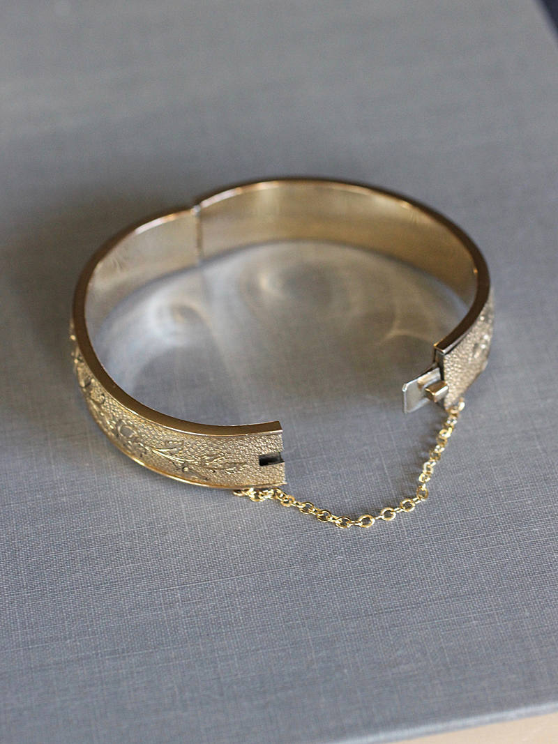 Vintage Gold Filled Bangle, Flower Engraved Cuff Bracelet Vine of Roses