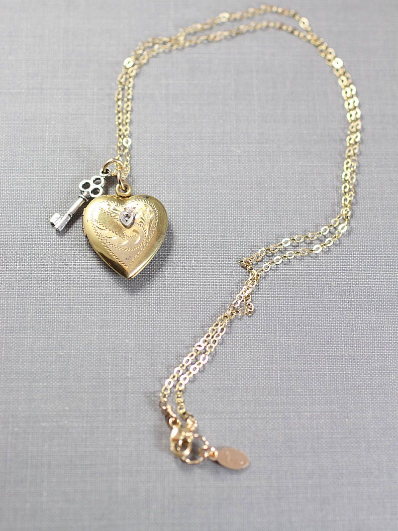 Gold Heart Locket Necklace, Gold Filled Vintage Diamond Pendant with ...