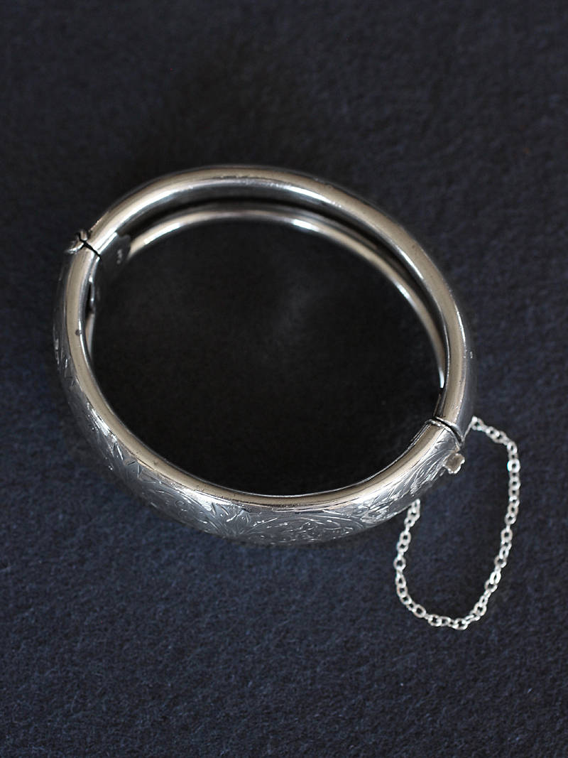 Vintage Sterling Silver Bangle, Hallmarked 1940's Bracelet w/ Safety