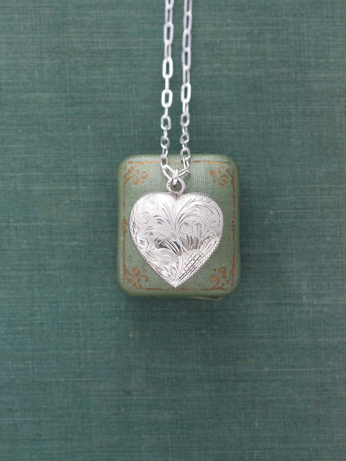 Sterling Silver Heart Locket Necklace, Vintage Swirling Vine and