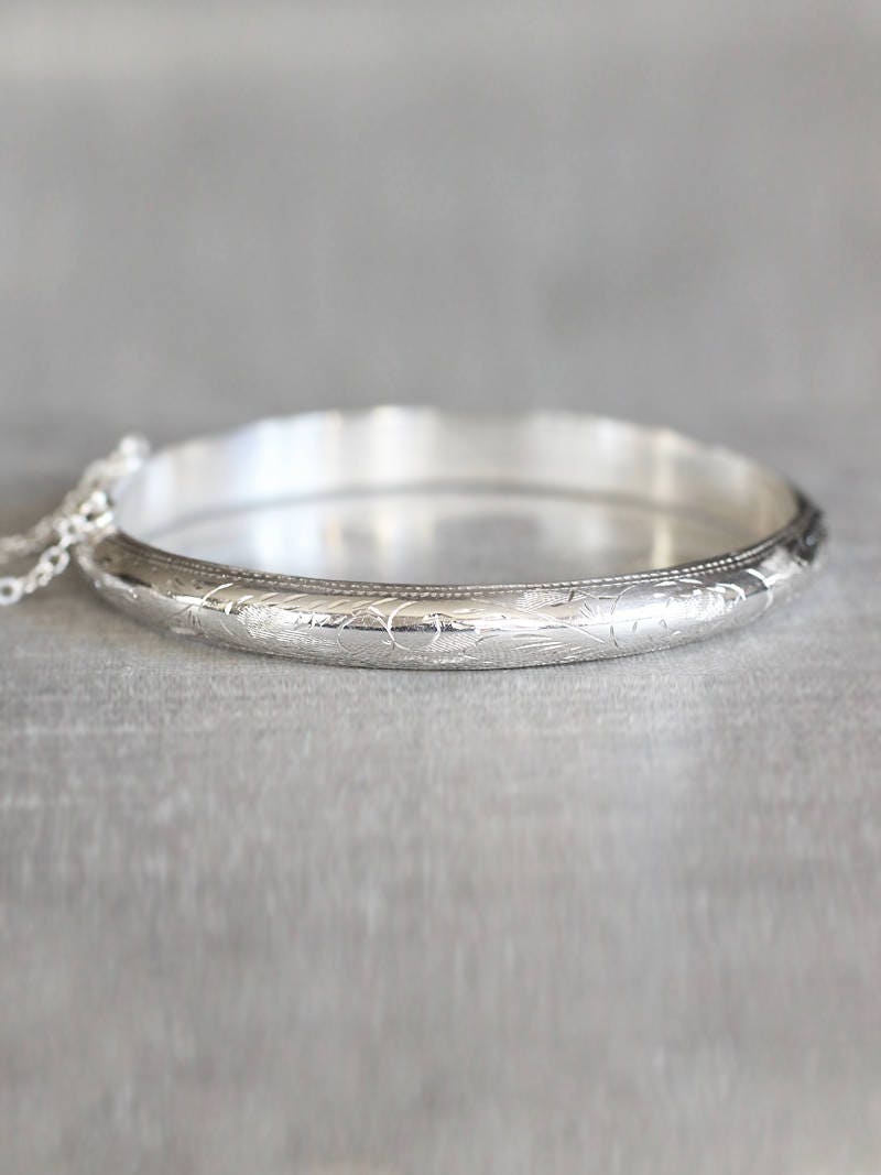 Thin Sterling Silver Bangle, Small Vintage Cuff Bracelet with Clasp - Emma