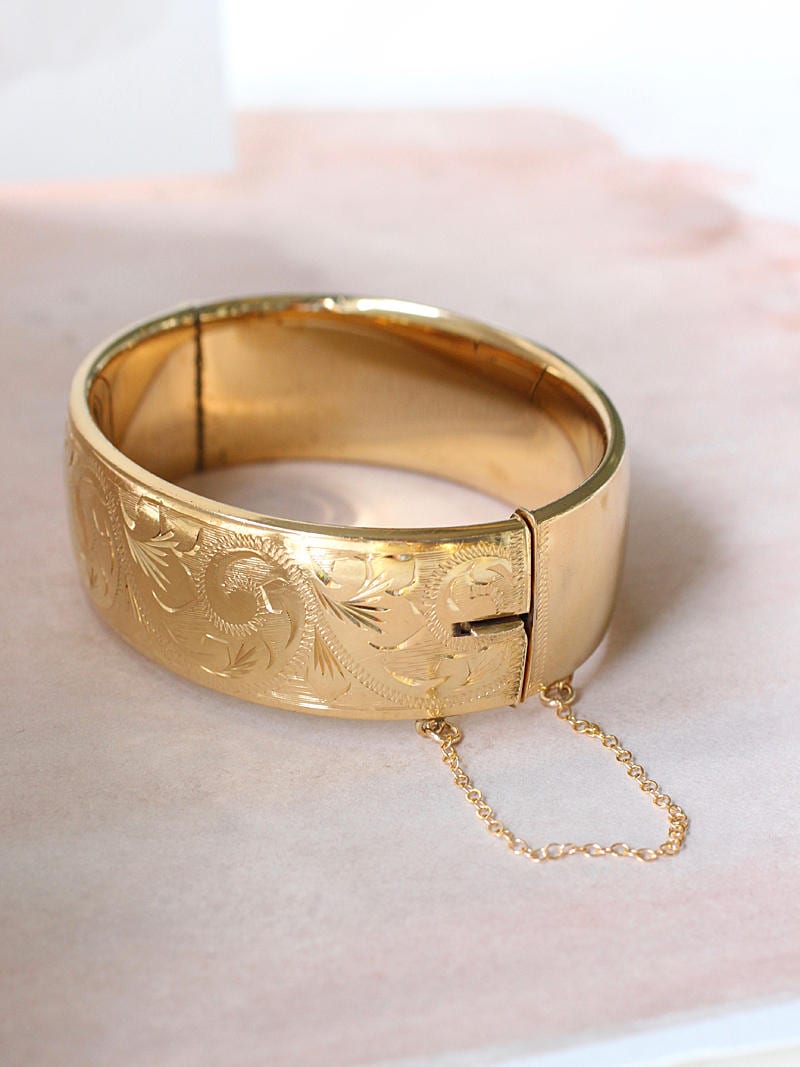 Vintage Gold Bangle Bracelet, Swirl and Leaf Engraved 9ct Gold Metal