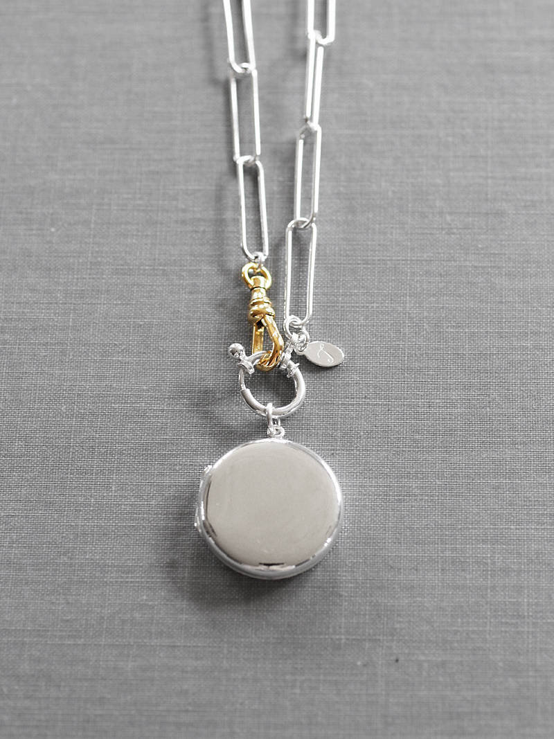 Modern Sterling Silver Round Locket Necklace, Contemporary Large Link