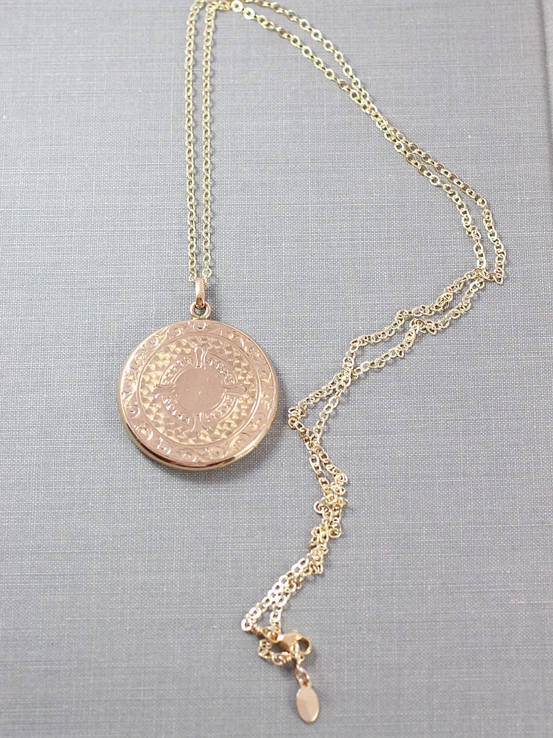 Antique Gold Locket Necklace, Large Round W&H Co Photo Pendant