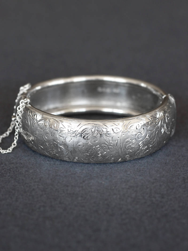 Vintage Sterling Silver Bangle, Hallmarked 1940's Bracelet w/ Safety