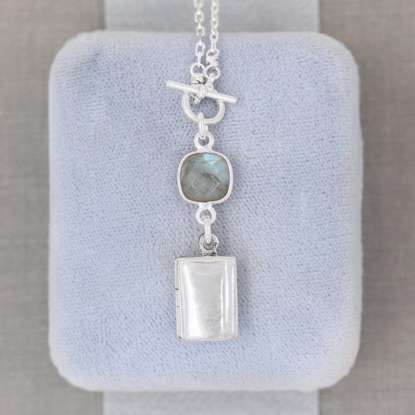 Sterling Silver Locket Necklace with Labradorite Gemstone, Tiny Book Photo Pendant - Blue Flash
