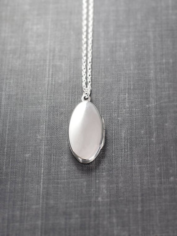 Modern Sterling Silver Locket Necklace, Plain Elongated Small Oval - Mirror Image