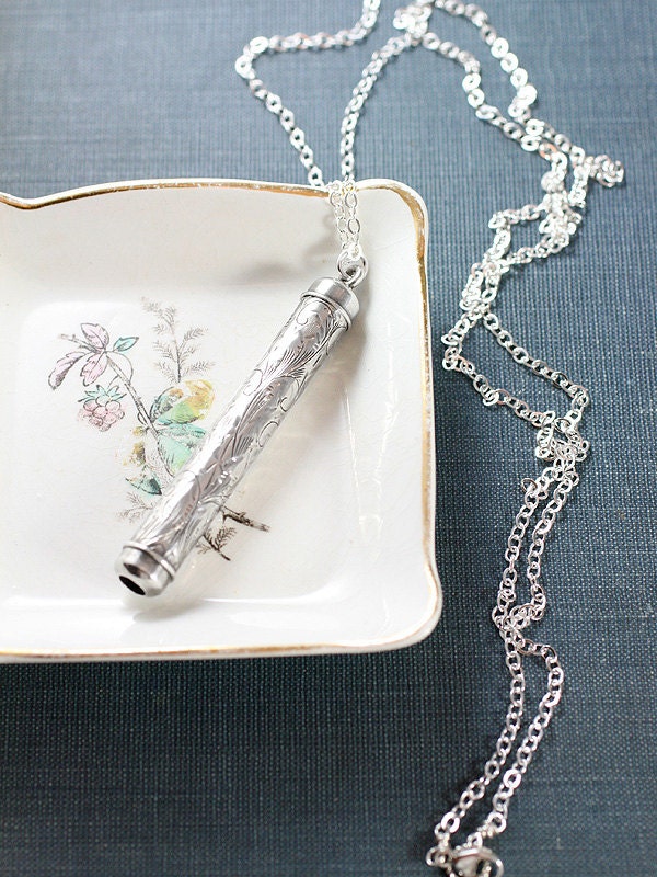 Antique Sterling Silver Chatelaine Pencil Necklace, Large Swirl and