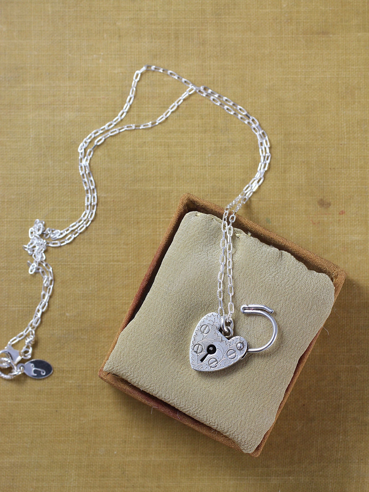 Small Sterling Silver Heart Padlock Charm Necklace, Vintage Key Hole