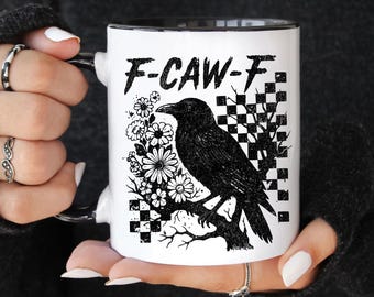 Funny Raven Coffee Mug: F-Caw-F Vintage Gothic Floral Checkered Ceramic
