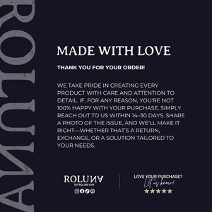 May include: Dark navy blue graphic with the text "MADE WITH LOVE" and "THANK YOU FOR YOUR ORDER!". The text describes the company's commitment to quality and customer satisfaction, including a return policy.