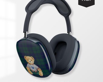 Etui na słuchawki AirPods Max w kratkę z misiem | Świąteczne etui na słuchawki AirPod Max z monogramem | Akcesoria ochronne do słuchawek