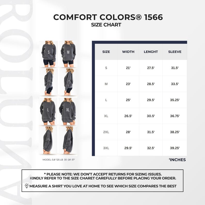 May include: A size chart for Comfort Colors 1566 sweatshirts. The chart includes measurements in inches for width, length, and sleeve length for sizes S, M, L, XL, 2XL, and 3XL. The image also shows a model wearing the sweatshirt.