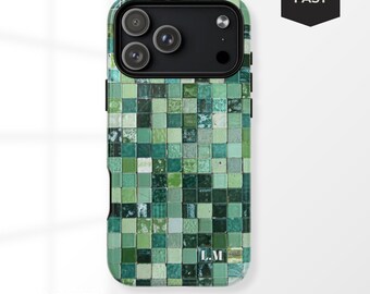 Custom Monogram Green Checked iPhone Case, Mosaic Tile Phone Case, Marbled Vintage Ceramic Art