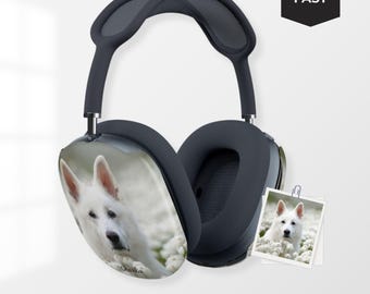 May include: Dark gray headphones with a white dog portrait on the earcups. The image includes a small photo of the dog and text that reads "PERSONALIZED PROTECTION IN STYLE". The headphones are advertised as scratch resistant.