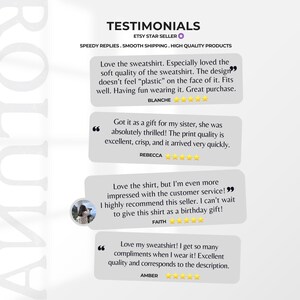 Puede incluir: Imagen de testimonios de clientes para una tienda de Etsy. El texto incluye comentarios positivos sobre la calidad de las sudaderas y camisas, mencionando la suavidad del material y la calidad de impresi&oacute;n. La tienda es un vendedor estrella de Etsy.