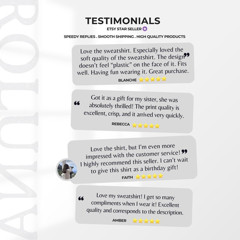 Puede incluir: Imagen de testimonios de clientes para una tienda de Etsy. El texto incluye comentarios positivos sobre la calidad de las sudaderas y camisas, mencionando la suavidad del material y la calidad de impresi&oacute;n. La tienda es un vendedor estrella de Etsy.