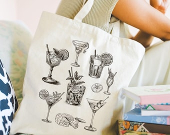 Retro Vintage Cocktail Canvas Tote Bag, Martini & Drinks Art, Happy Hour Reusable Bag
