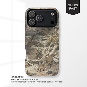 May include: A tough magnetic phone case with a camouflage pattern in shades of brown, tan, and green. The case has a black border and a camera cutout. The text "MAGSAFE® TOUGH MAGNETIC CASE" is printed at the bottom.