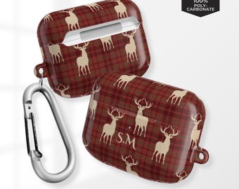 Christmas Plaid Deer AirPods Case, Personalized Initial Gift