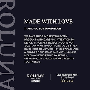 May include: Dark navy blue graphic with white text that reads "MADE WITH LOVE" and "THANK YOU FOR YOUR ORDER!". The text also includes a customer service message and the brand name "ROLUNY".