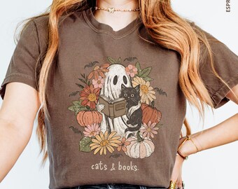 Vintage Halloween Comfort Colors T-Shirt: Books, Cats, and Ghost