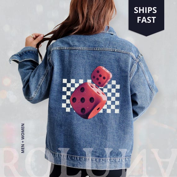 Oversized Denim Jacket, Dice Cube Jeans Jacket, Checkerboard